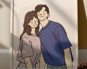 Retrato personalizado, retrato de pareja minimalista, ilustración de dibujos animados lindo, impresión personalizada, regalo personalizado, regalo digital de memoria de pareja