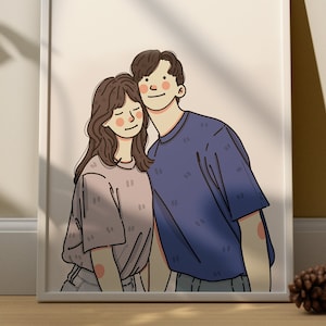 Retrato personalizado, retrato de pareja minimalista, ilustración de dibujos animados lindo, impresión personalizada, regalo personalizado, regalo digital de memoria de pareja