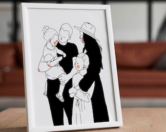 Schwarzweiß-Portrait vom Foto, Ein-Linien-Zeichnung, Familien-Illustration, benutzerdefinierte minimalistische Zeichnung, benutzerdefinierte Zeichnung (DIGITALDATEI)