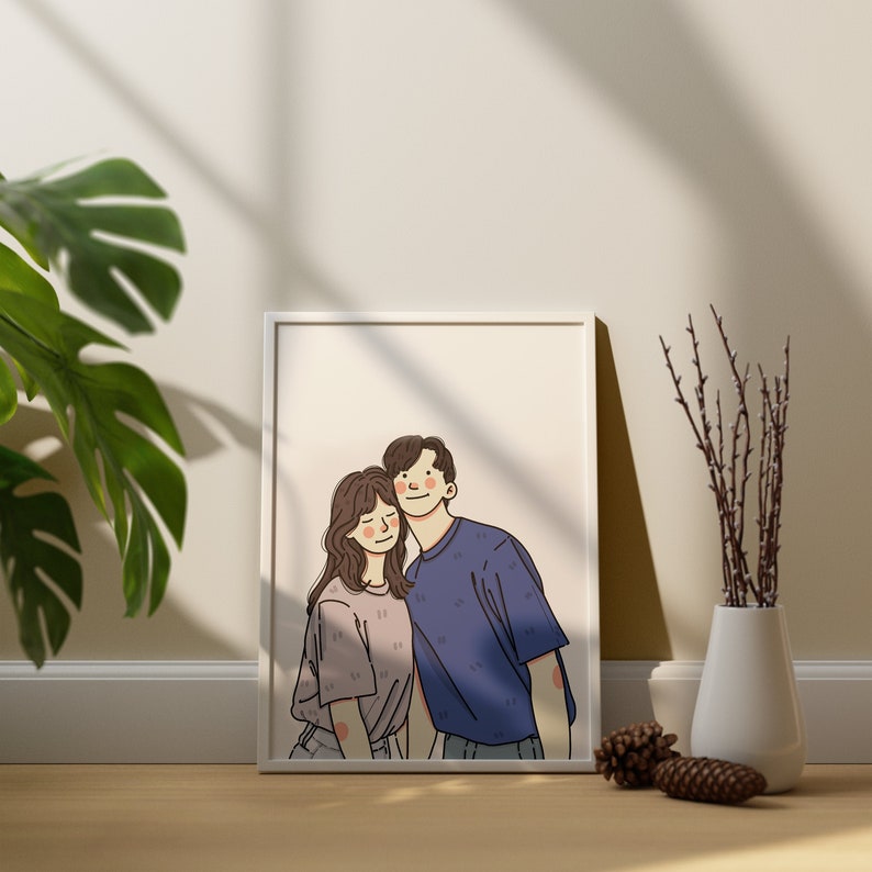 Custom Portrait, Minimalist Couple Portrait, Cute Cartoon Illustration, Personalized Print, Personalized Gift, Couple Memory Digital Gift image 1