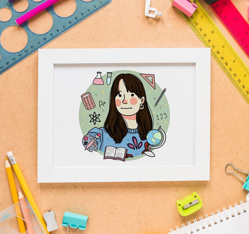 Thank You Teacher Card, Teacher Appreciation, Personalized Gift, Pi Day, Custom Teacher Portrait, Custom Cartoon Drawing, DIGITAL FILE image 1