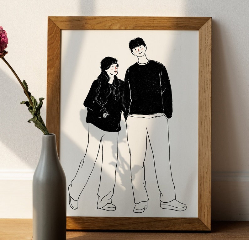 Custom Portrait, Minimalist Couple Portrait, Cute Cartoon Illustration, Personalized Print, Personalized Gift, Couple Memory Digital Gift image 2