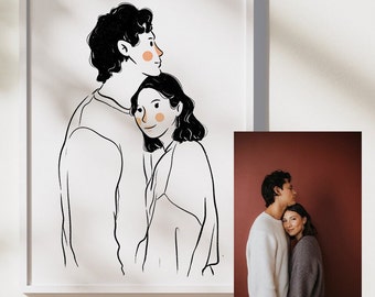 Portrait personnalisé, portrait de couple minimaliste, illustration de dessin animé mignonne, impression personnalisée, cadeau personnalisé, cadeau numérique souvenir de couple