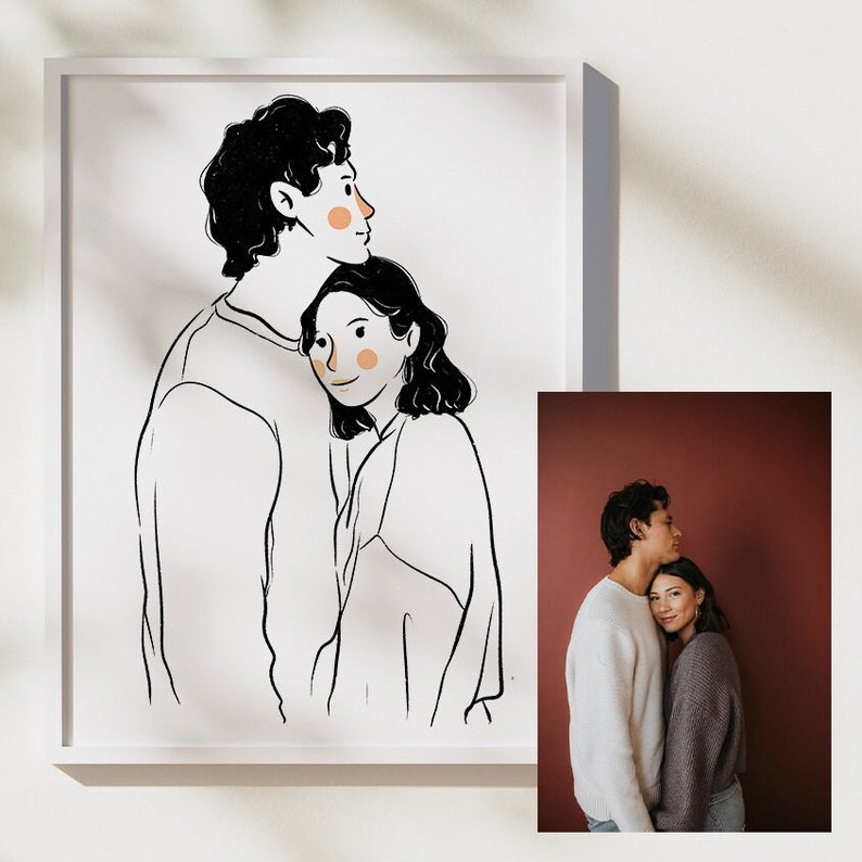 Custom Portrait, Minimalist Couple Portrait, Cute Cartoon Illustration, Personalized Print, Personalized Gift, Couple Memory Digital Gift image 1