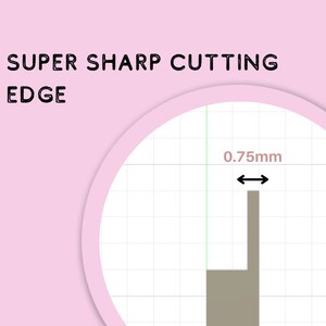 May include: A diagram on a pink background with the text "SUPER SHARP CUTTING EDGE." The diagram shows a close-up of a cutting edge with a measurement of 0.75mm.