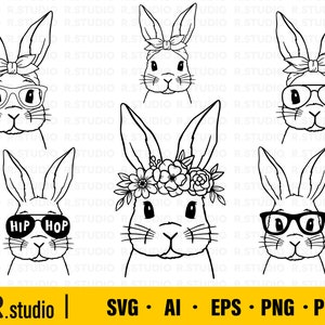 Lapin mignon avec des lunettes de bandana SVG / SVG de lapin de Pâques / fichiers Svg de lapin / Clipart de lapin / svg de visage de lapin / lapin floral / fichiers de coupe pour Cricut