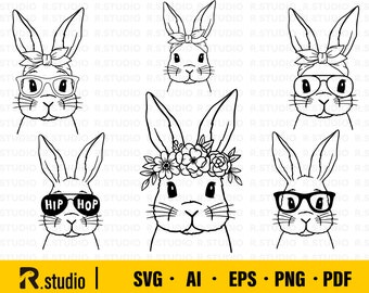 Cute Bunny with Bandana Glasses SVG/ Easter Bunny SVG/ Rabbit Svg files/ Bunny Clipart/ Bunny Face svg/ Floral Bunny/ Cut Files for Cricut