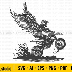 Motorcycle Racer SVG/ Dirt Bike PNG/ Offroad Racing/ Biker With Wings Cutfile/ Circuit/ Motor Sport Race Printable Clipart Digital Dxf Eps