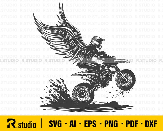 Motorcycle Racer SVG/ Dirt Bike PNG/ Offroad Racing/ Biker With Wings Cutfile/ Circuit/ Motor Sport Race Printable Clipart Digital Dxf Eps