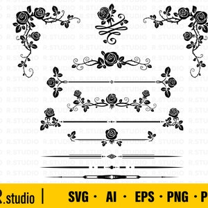 Ozdobne ozdoby z róż SVG / 11 Rose Vine SVG/ Obramowanie z róż svg/ Valentine Rose/ Vine svg/ Clipart/ Pliki do cięcia/ Cricut/ Sylwetka/ Wektor
