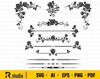 Rose Decorative Ornaments SVG / 11 Rose Vine SVG/ Rose border svg/ valentine rose/ Vine svg/ Clipart/ Cut Files/ Cricut/ Silhouette/ Vector