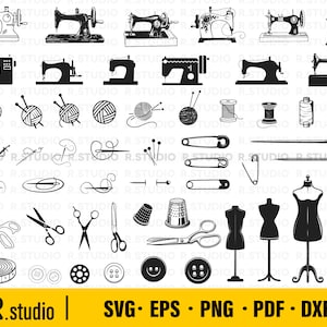 Puede incluir: Un conjunto de 40 ilustraciones vectoriales en blanco y negro de herramientas y equipos de costura y sastrería. El conjunto incluye máquinas de coser, carretes de hilo, agujas, alfileres, dedal, tijeras, botones y un maniquí.