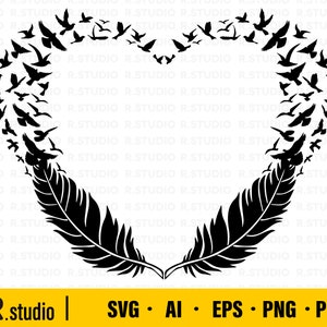 Fichiers Feather Heart SVG / Ailes d’oiseaux / Fichier de coupe de plume / Heart svg / Cut File / Cricut / Clipart / Heart Silhouette / Stencil File / Eps / Png
