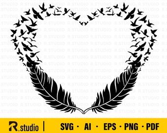 Feather Heart SVG Files/ Birds wings/ Feather cut file/ Heart svg/ Cut File/ Cricut/ Clipart/ Heart Silhouette/ Stencil File/ Eps/ Png