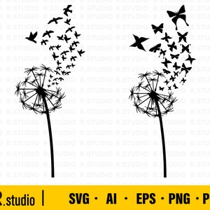 Dandelion SVG Files/ Pissenlit avec oiseaux svg/ Pissenlit avec papillons svg/ Papillon svg/ Fichier coupé/ Cricut/ Clipart/ Silhouette/ Pochoir