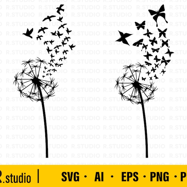 Dandelion SVG Files/ Dandelion With Birds svg/ Dandelion With Butterflies svg/ Butterfly svg/ Cut File/ Cricut/ Clipart/ Silhouette/ Stencil