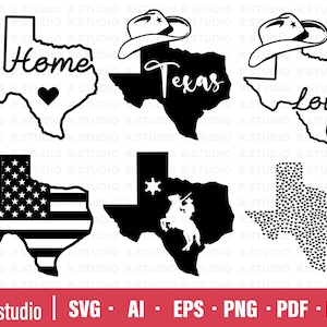 Może przedstawiać: Sześć czarno-białych wzorów konturu stanu Teksas. Wzory zawierają słowa "Home", "Texas", "Love", flagę USA, gwiazdę z kowbojem na koniu i wzór serc.