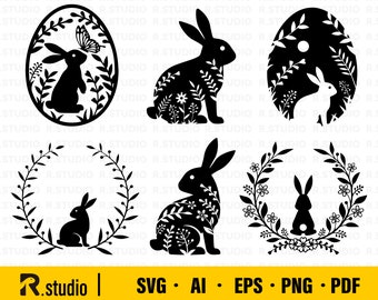 Floral Rabbit SVG/ Flower Bunny Svg Files/ Rabbit Svg/ Silhouette/ Cut File for Cricut/ Flower Rabbit Easter/ Easter Svg/ Floral Frame SVG