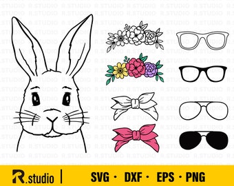 Cute Bunny SVG/ Easter Bunny SVG/ Rabbit Svg files/ Bunny Clipart/ Bunny Face DIY svg/ Cut Files/ Cricut/ Bandana Glasses Flowers Bunny