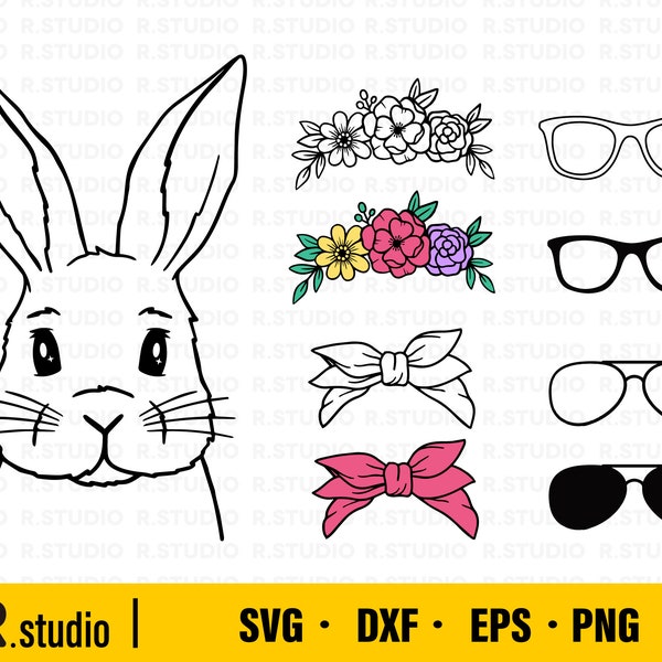 Cute Bunny SVG/ Easter Bunny SVG/ Rabbit Svg files/ Bunny Clipart/ Bunny Face DIY svg/ Cut Files/ Cricut/ Bandana Glasses Flowers Bunny