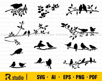 Birds on branches Svg/ Flock of Birds SVG/ Clipart/ Birds SVG/ Silhouette/ Birds Cut file/ Eps Png/ Cricut/ Branch svg/ Bird on Tree Branch