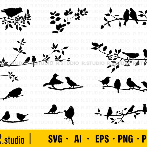 Vogels op takken Svg/ Zwerm Vogels SVG/ Clipart/ Vogels SVG/ Silhouet/ Vogels Gesneden bestand/ Eps Png/ Cricut/ Tak svg/ Vogel op boomtak