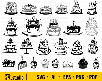 25 Cakes Svg Files/ Birthday Svg/ Dessert Svg/ Baking Svg/ Wedding svg/ Cake Clipart/ Silhouette/ Cut file/ Cricut/ Stencil/ Holiday svg Png