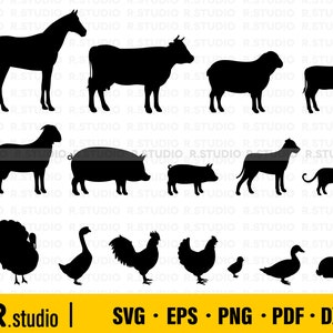 16 Farm Animals SVG Files/ Animal Svg/ Silhouette/ Farm Life Svg/ Poultry Sign/ Clipart/ Cricut/ Vector/ Rooster Dog Cat Pig Rabbit Duck Cow