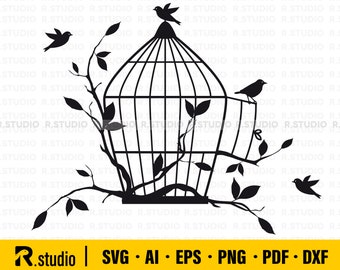 Flock of Birds In Cage SVG/ Eps Dxf Png/ Birds on branche Svg/ Clipart/ Birds SVG/ Silhouette/ Birds Cut file/ Cricut/ Bird Cage Branch svg