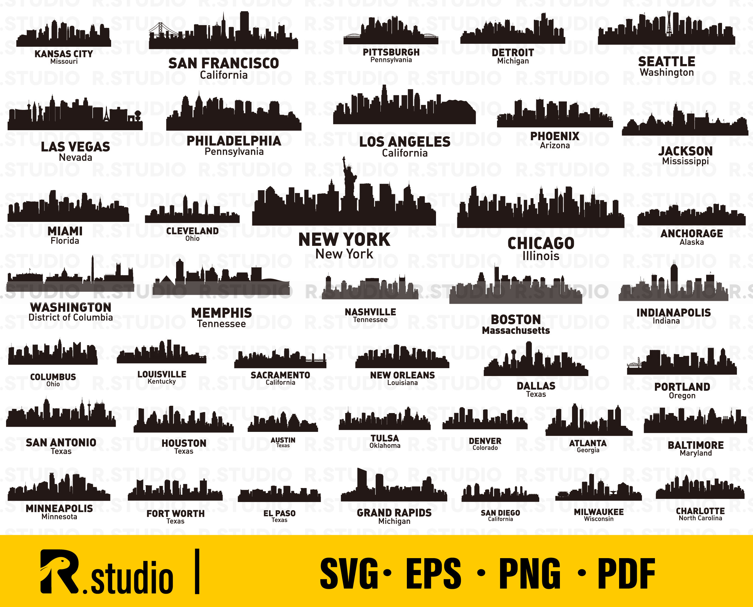40 City Skyline SVG/ Skyline Svg/ Cut Files/ Cricut/ US Cities Svg/ New York Svg/ Clipart/ Silhouette/ Decal/ Vinyl/ US City Skyline Vector