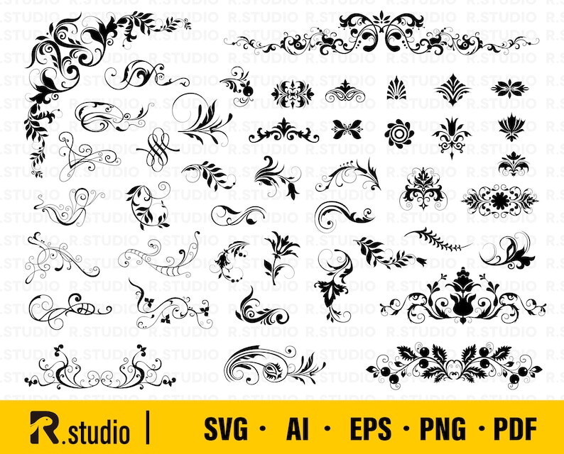 Cadre floral SVG / 43 Ornements décoratifs SVG / Vigne SVG / Tourbillons Svg / Branches et feuilles svg / Branches Cadre / Clipart / Fichiers coupés Cricut image 1