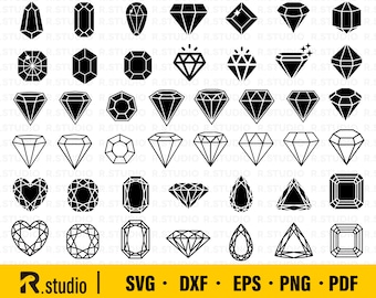 May include: A set of 40 black and white diamond and gemstone SVG cut files. The files include various shapes and styles of diamonds, including classic, heart, and square.