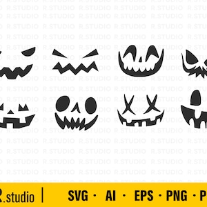 May include: Set of six black and white Halloween pumpkin face illustrations. The faces include a classic jack-o'-lantern, a frowning face, a smiling face, a surprised face, a scary face, and a creepy face.