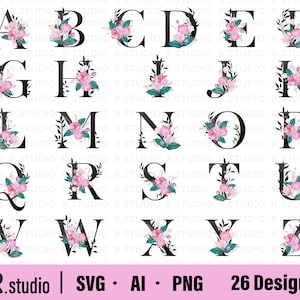 26 文字の SVG ファイル/花の SVG バンドル/モノグラム SVG/花の文字の SVG/Eps/インスタントダウンロード/クリップアート/ベクター/Cricut 用カットファイル