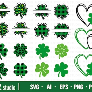 May include: A set of 14 digital cut files featuring various green shamrock designs, including solid green, plaid, and leopard print patterns. Some designs include a split monogram area. There are also three heart designs with shamrocks inside.