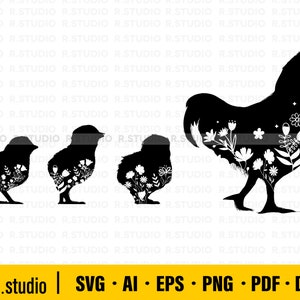 Famille de poule florale SVG / Poulet floral SVG / Animaux de ferme floraux SVG / Coq floral SVG / Silhouette / Vie à la ferme / Signe de volaille / Clipart / Cricut