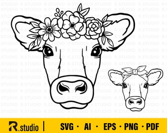 牛の SVG ファイル / 花の冠をつけた牛の SVG / 牛のカット ファイル / 動物の顔 / 花の冠 / かわいい牛の SVG / 農場の動物 / 納屋 / Cricut / シルエット