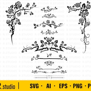May include: A set of 12 black and white rose vine and floral design elements. The designs include a variety of sizes and shapes, including a full rose vine, a half rose vine, and a variety of floral borders.
