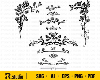 Adornos decorativos de rosa SVG / 14 Rose Vine SVG / Borde de rosa svg / rosa de San Valentín / Vine svg / Clipart / Archivos cortados / Cricut / Silueta / Vector