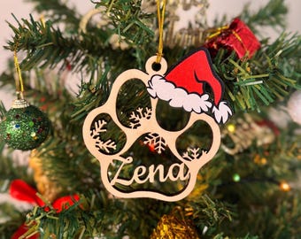 Personalized Christmas Paw Ornament / Engraved Wood Name Decor/ Custom Pawprint Pendant/ Laser Cut Name sign/ Pet Memorial Gift
