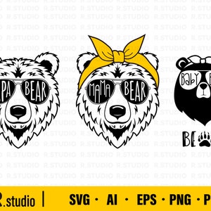 Ours famille fichiers SVG / maman ours Bandana arc Svg / Papa ours Svg / bébé ours Svg / Png / maman vie Clipart / coupe fichier Cricut / Silhouette / vecteur
