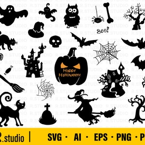May include: A collection of black Halloween-themed silhouettes. Includes ghosts, a witch on a broom, bats, a pumpkin with "Happy Halloween!" text, a spider, a haunted house, a cat, and other spooky elements.