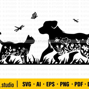 Floral Cat and Dog SVG/ Floral Pets SVG/ Pet with Flowers Dragonfly Butterfly SVG/ Pet Silhouette/ Poultry Sign/ Clipart/ Cricut/ Animal Svg image 1