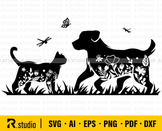 Floral Cat and Dog SVG/ Floral Pets SVG/ Pet with Flowers Dragonfly Butterfly SVG/ Pet Silhouette/ Poultry Sign/ Clipart/ Cricut/ Animal Svg