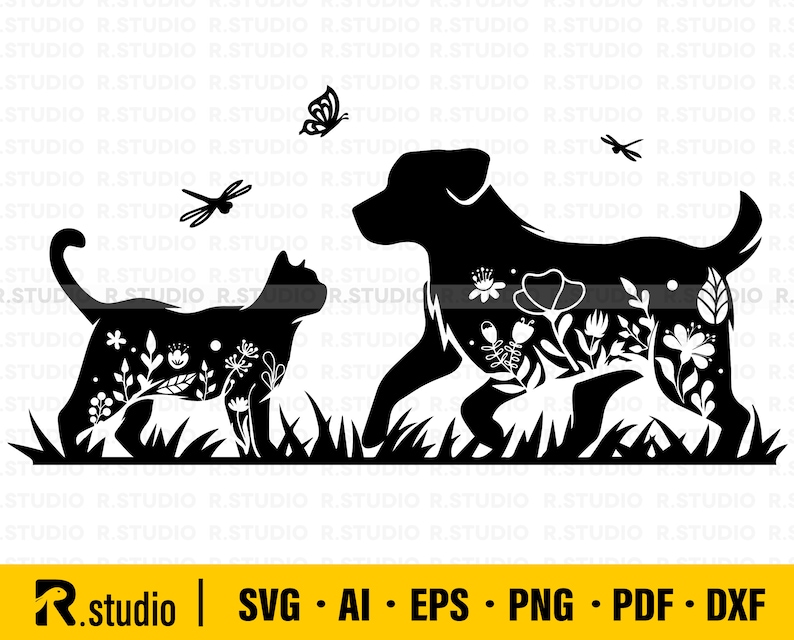 Floral Cat and Dog SVG/ Floral Pets SVG/ Pet with Flowers Dragonfly Butterfly SVG/ Pet Silhouette/ Poultry Sign/ Clipart/ Cricut/ Animal Svg image 1