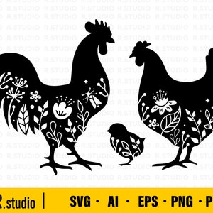 Famille du Coq SVG / Poulet floral SVG / Animaux de ferme floraux SVG / Coq floral SVG / Silhouette / Vie à la ferme / Signe de la volaille / Clipart / Cricut