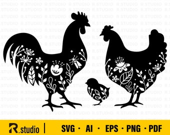 Rooster Family SVG/ Floral Chicken SVG/ Floral Farm Animals SVG/ Floral Rooster Svg/ Silhouette/ Farm Life/ Poultry Sign/ Clipart/ Cricut