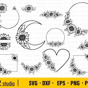 Moldura floral SVG/ Guirlanda de girassol Svg/ Girassol svg/ Png/ Eps/ Ornamentos decorativos svg/ Vine Clipart/ Ramos Arquivos de corte de moldura para Cricut