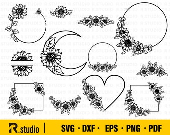 Cadre floral SVG / Couronne de tournesol Svg / Tournesol svg / Png / Eps / Ornements décoratifs svg / Clipart de vigne / Branches Frame Cut Files pour Cricut