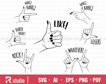 Shaka Rock Like Whatever Loser Hand Gesture Svg/ Bang Hand Sign Svg/ Cut file/ Cricut/ Silhouette/ Pdf Png Eps Dxf/ Decal/ Stencil/ Vinyl